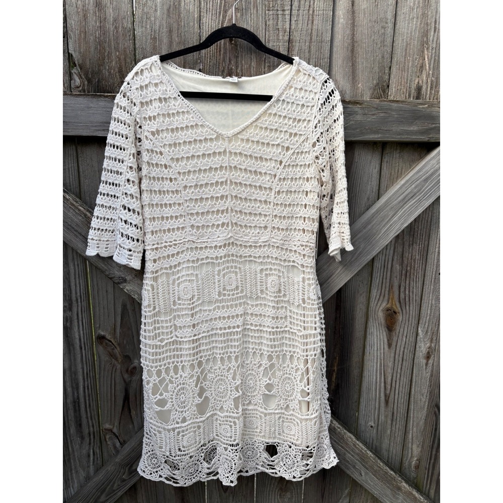 Est. 1946 Womens Ivory Crochet Lace V-Neck Sheath Dress Boho L Cream